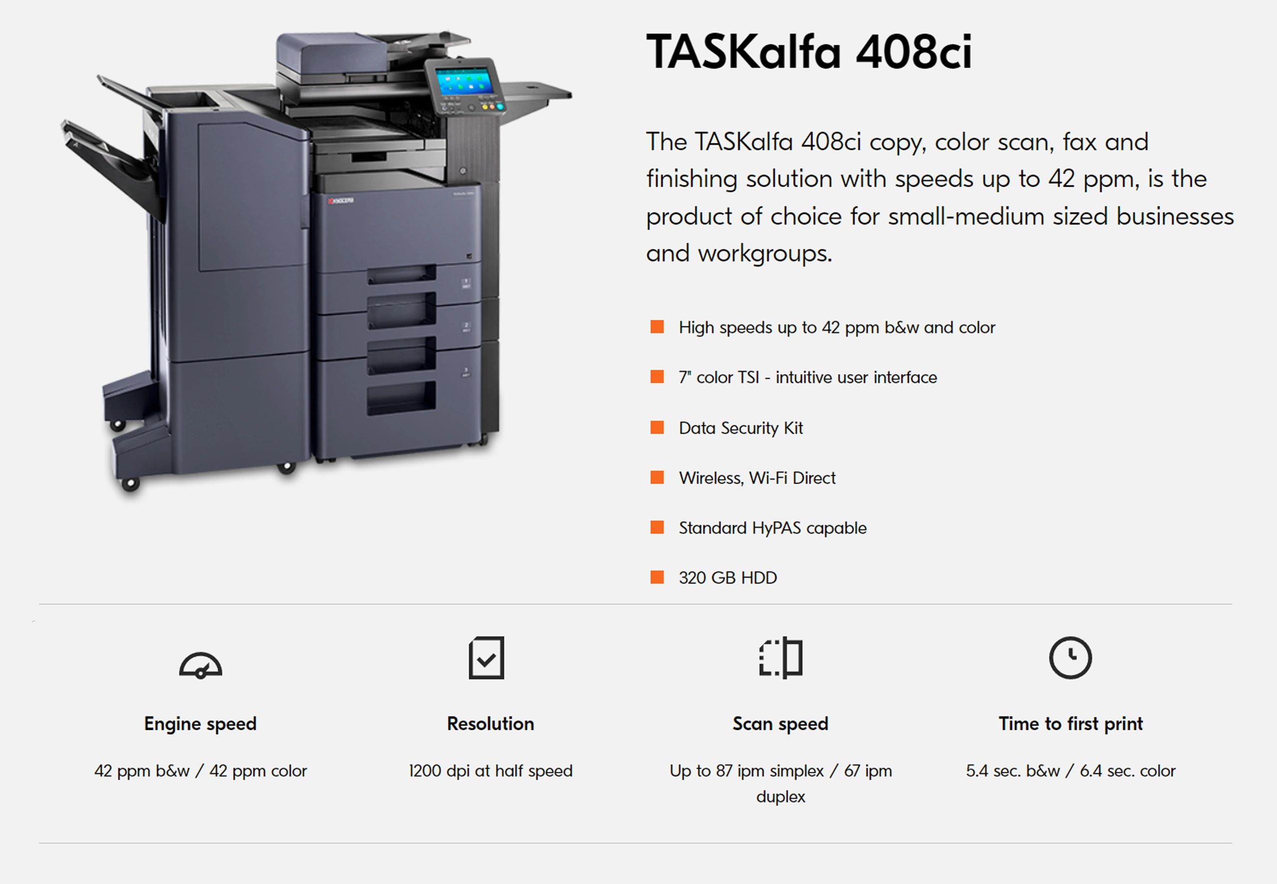 Kyocera TASKalfa 408ci, Color MFP Printer Details.