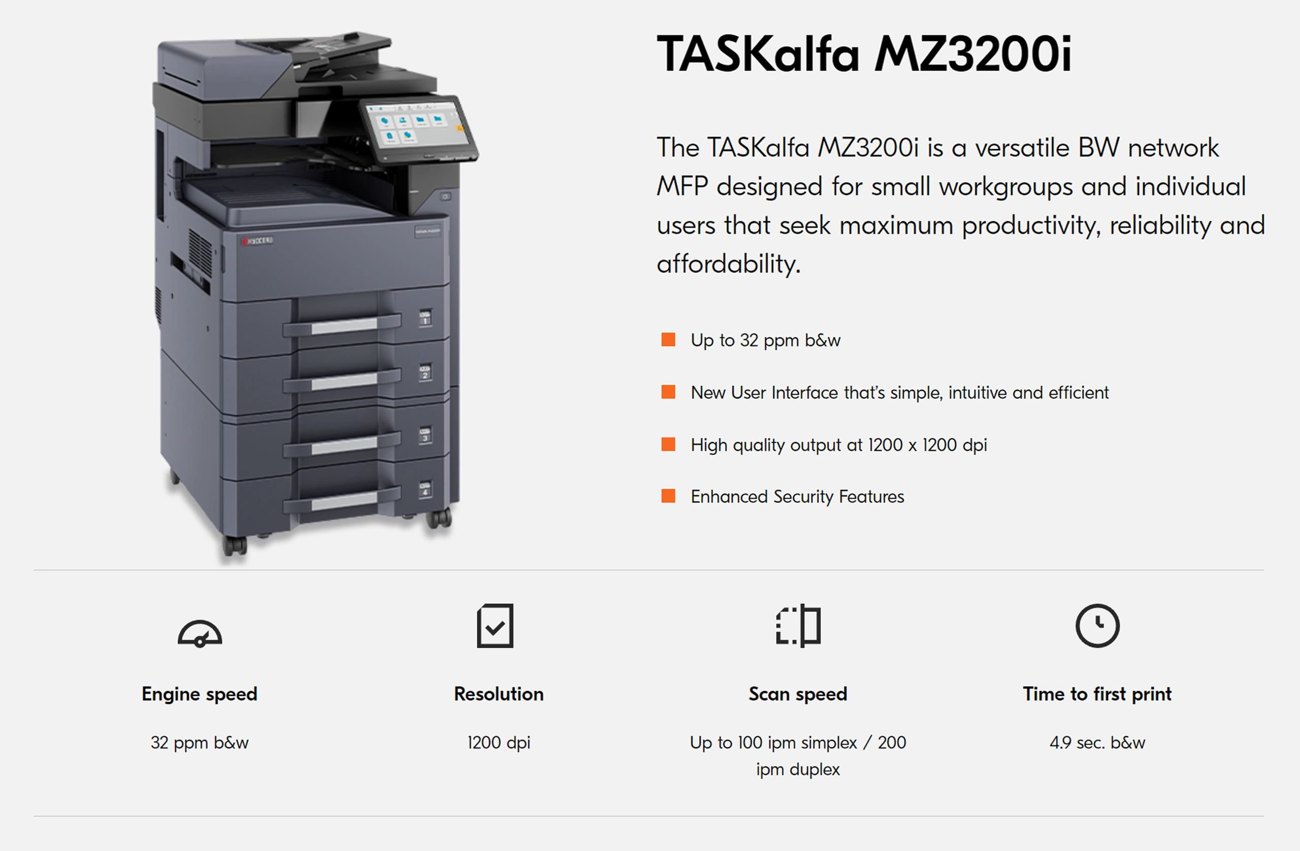 Kyocera TASKalfa MZ3200i, Black and White Network MFP Printer Details