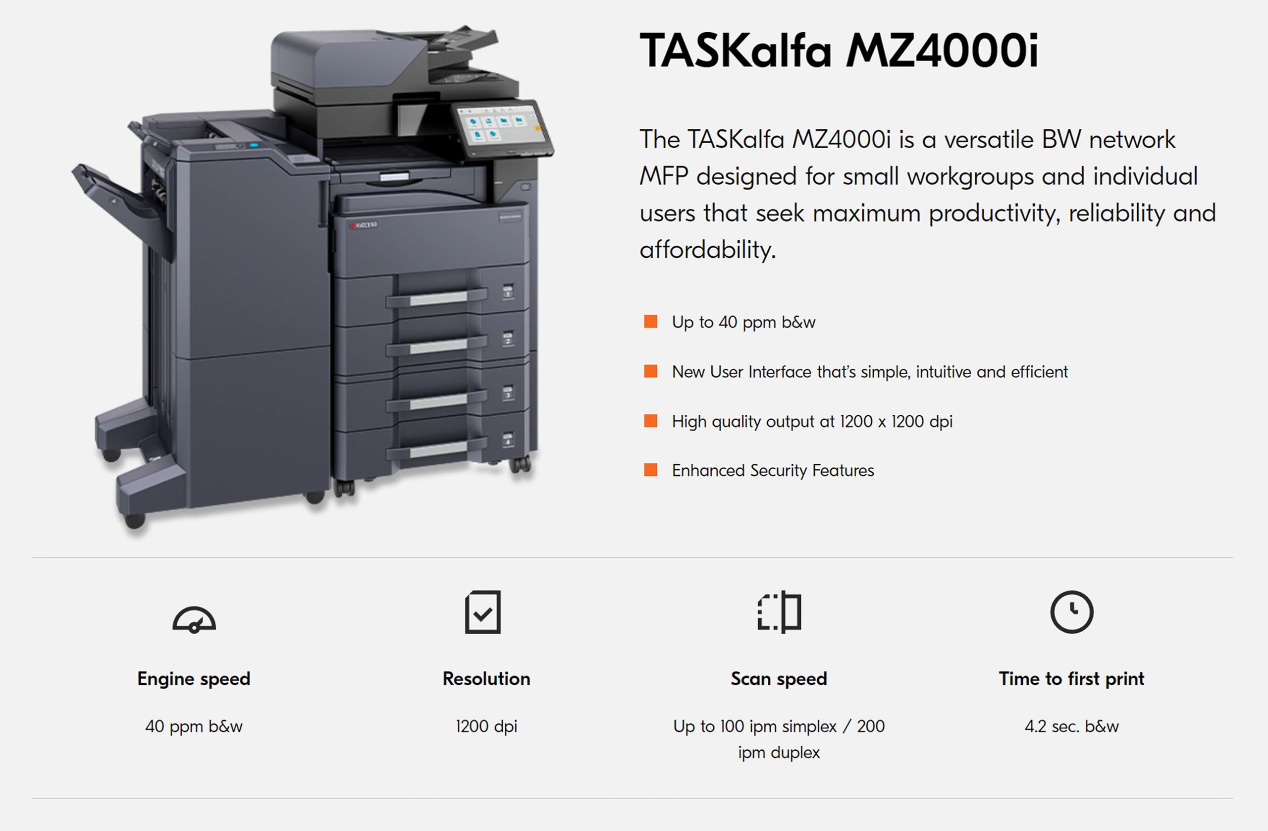 Kyocera TASKalfa MZ4000i, Black and White Network MFP Printer with Finisher Details