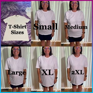 Tina modeling t-shirt sizes for Tina's Tie Dye.