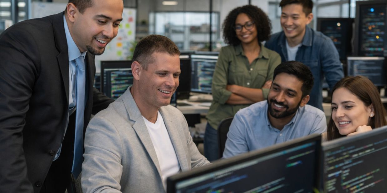 A diverse team collaborates and smiles around computer screens in a modern office.