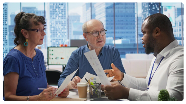 Three professionals engaged in a serious business discussion over documents in a modern office.
