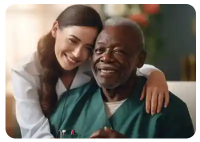 A young woman embraces an elderly man, both smiling warmly.