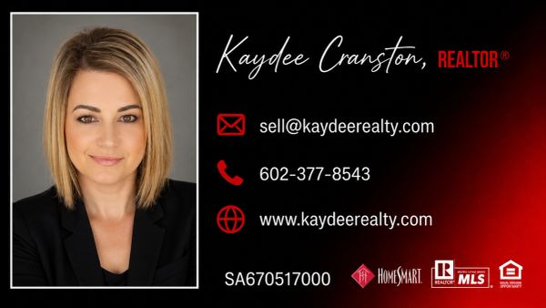 Professional real estate business card for Kaydee Cranston with contact info and website.
