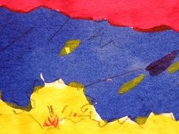 Yellow, blue, red watercolor plein air landscape. An example of Katherine Colwell's art class media.