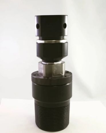 Black and silver mechanical component with threaded parts.
