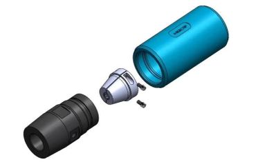 Exploded view of a mechanical device with three main parts and two screws.