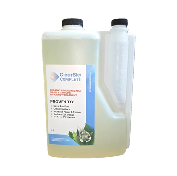 ClearSky Complete organic fuel efficiency treatment in a 2-liter container.