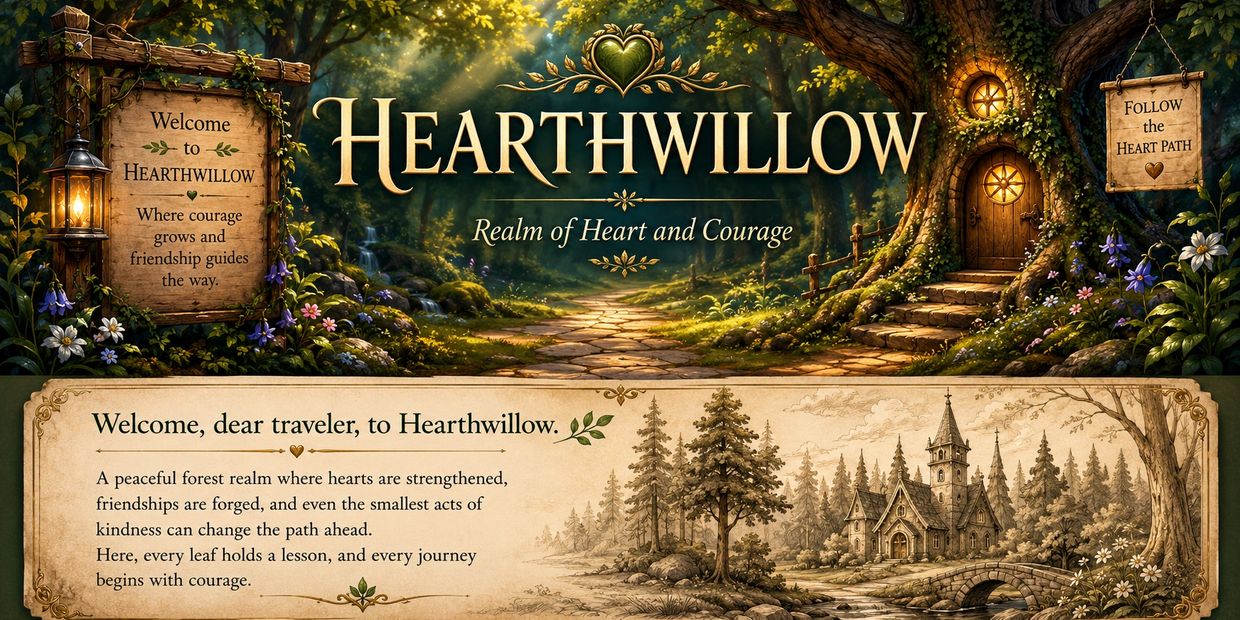 Fantasy forest scene welcoming travelers to Hearthwillow.