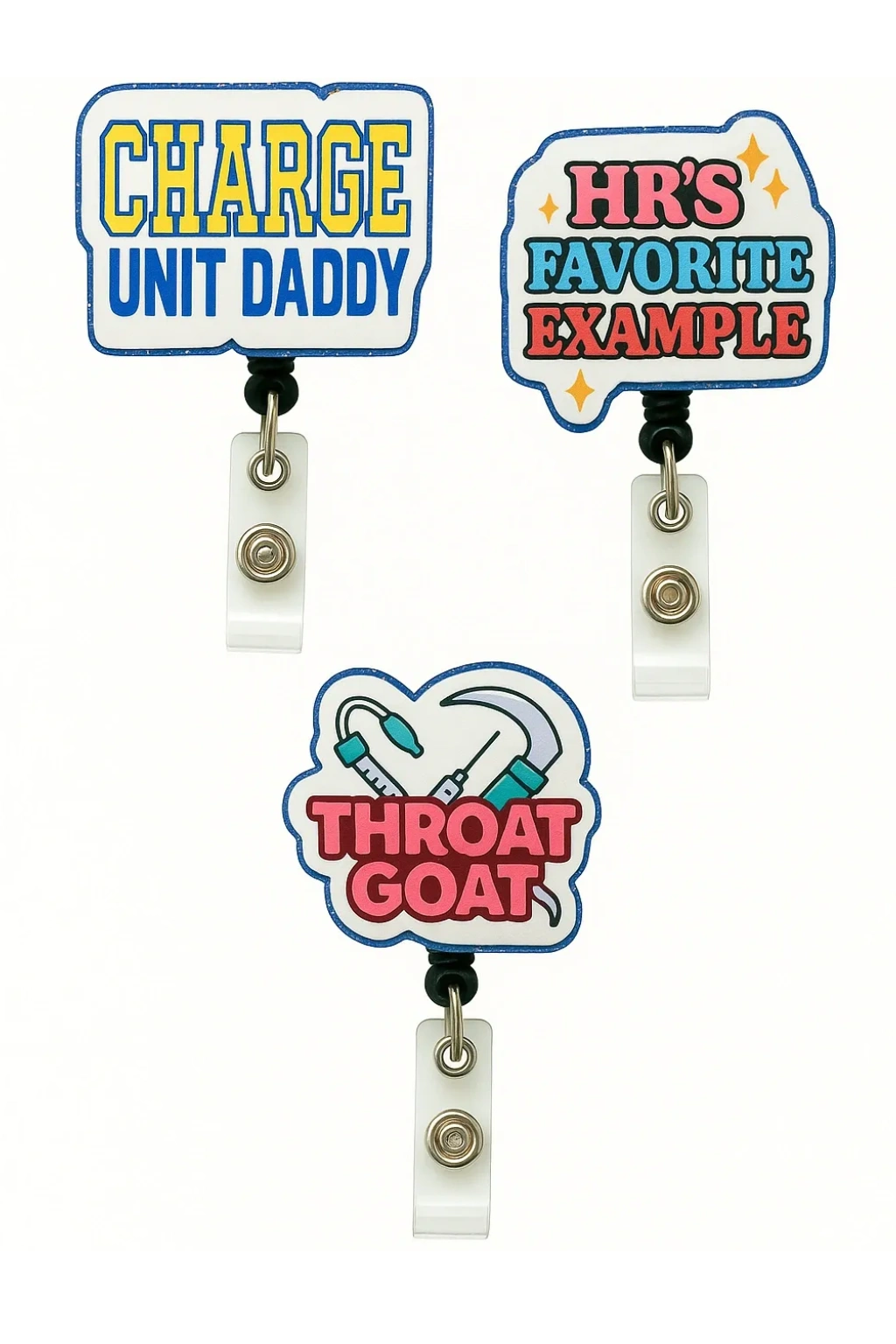Three colorful badge reels with humorous medical phrases and icons.
