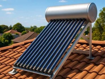 Solar water heater installed on a tiled roof under clear sky.