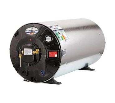 A cylindrical water heater with control labels and connectors on one end.
