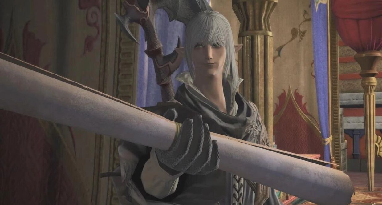 A fantasy character with white hair and pointed ears holding a large scroll indoors.
