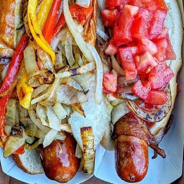 Brat Jovi Aged Cheddar Bratwurst & Street Dog Bacon Wrapped Hot Dog