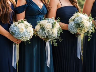 Bridesmaids holding white and blue flower bouquets.