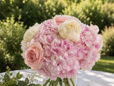 Pink and white floral bouquet on table.