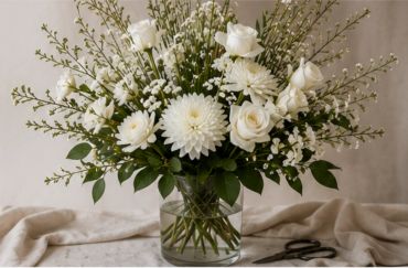 Elegant white floral arrangement in a clear glass vase.