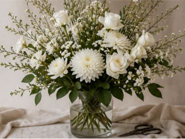 Elegant white floral arrangement in a clear glass vase.