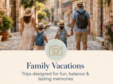A photo of a family strolling down a street with hats on their heads and wearing backpacks.