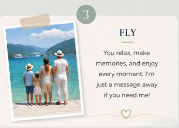 A photo of a family overlooking the turquoise waters of an ocean and the image says "Fly".