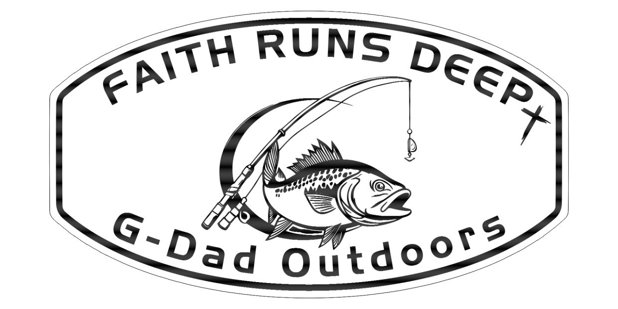Logo featuring a fish, fishing rod, and faith-themed text for G-Dad Outdoors.