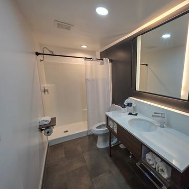 Modern bathroom with large mirror, white countertop, and shower area.