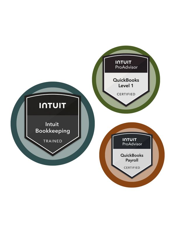 Intuit training and certification badges for bookkeeping and QuickBooks.