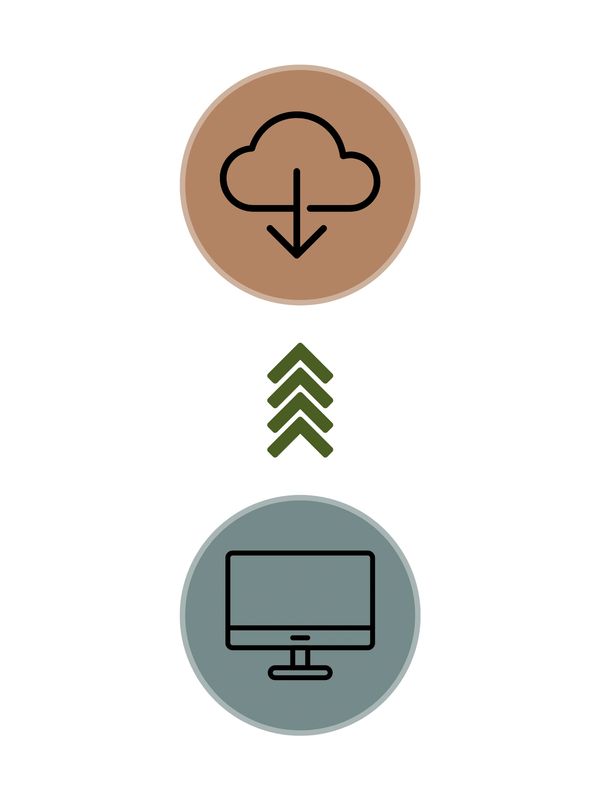 Icons showing a computer and a cloud download symbol connected by upward arrows.