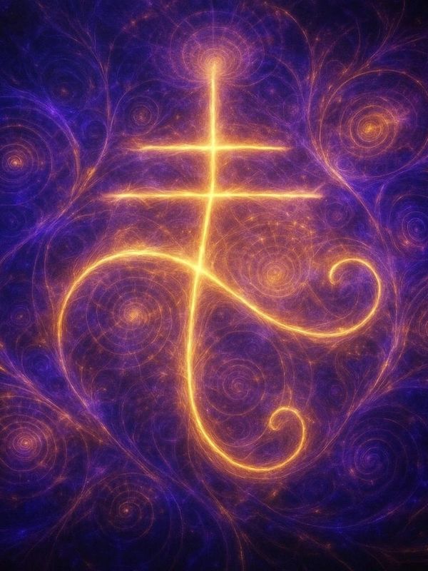 Glowing golden symbol with swirling purple blue background.