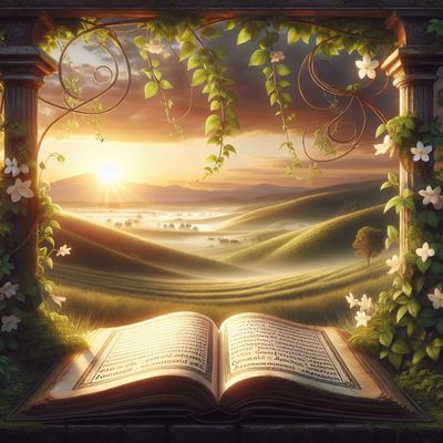 Book with green landscape and vines and white flowers on pillars