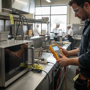 Technician using a handheld device to test kitchen equipment in a commercial kitchen.