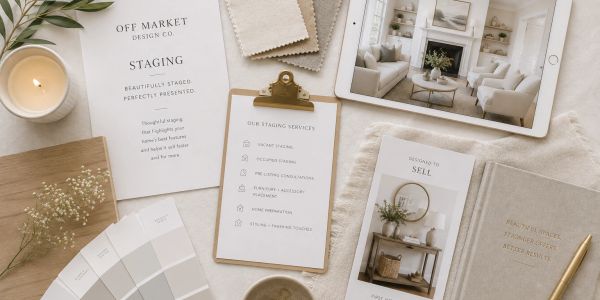 Home staging materials and color swatches on a cozy table.