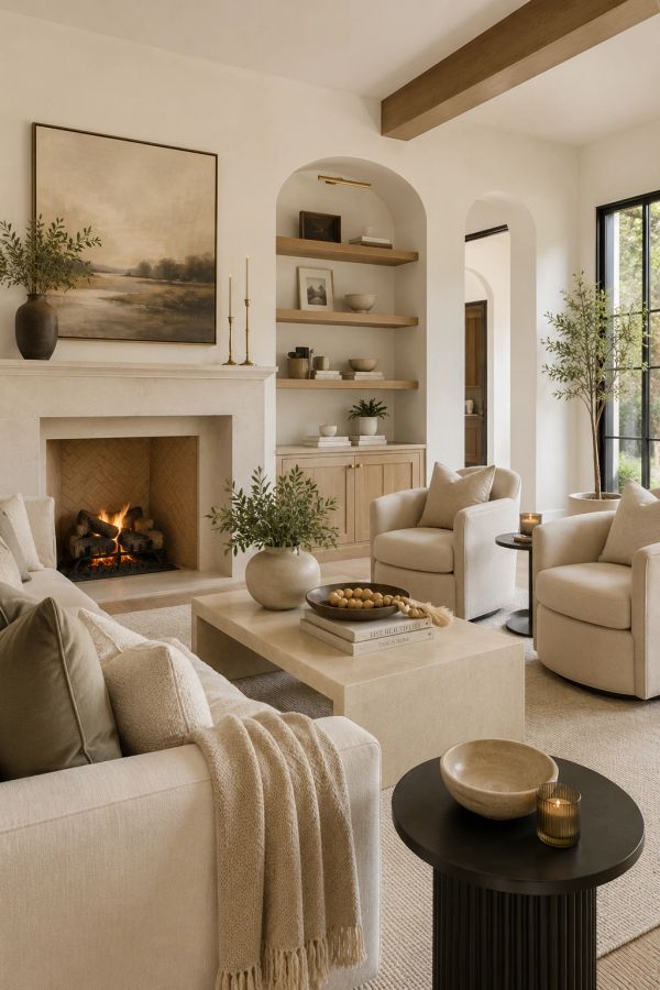 Elegant neutral-toned living room with fireplace and modern decor.