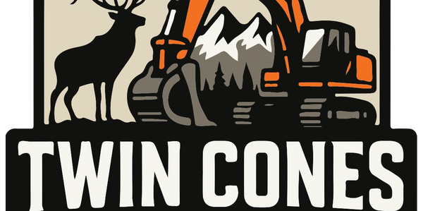 Logo of Twin Cones Excavation with an excavator, deer, and mountains.