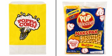 Two different popcorn packages with distinct branding and flavors.