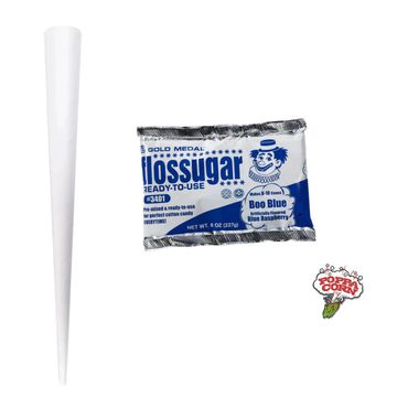 A white cone and a packet of flossugar candy in blue packaging.