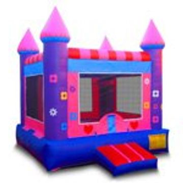 Colorful pink and purple inflatable bounce house with castle design.