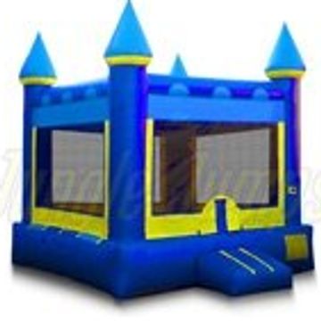 Blue and yellow inflatable bounce house with castle design.
