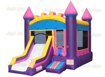 Colorful inflatable bounce house with slide and castle design.