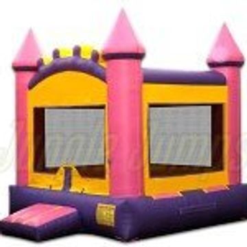 Colorful inflatable bounce house with pink turrets and yellow walls.