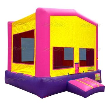 Colorful pink, yellow, and purple inflatable bounce house for kids.