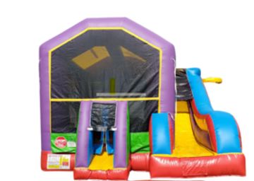 Colorful inflatable bounce house with slide for kids.