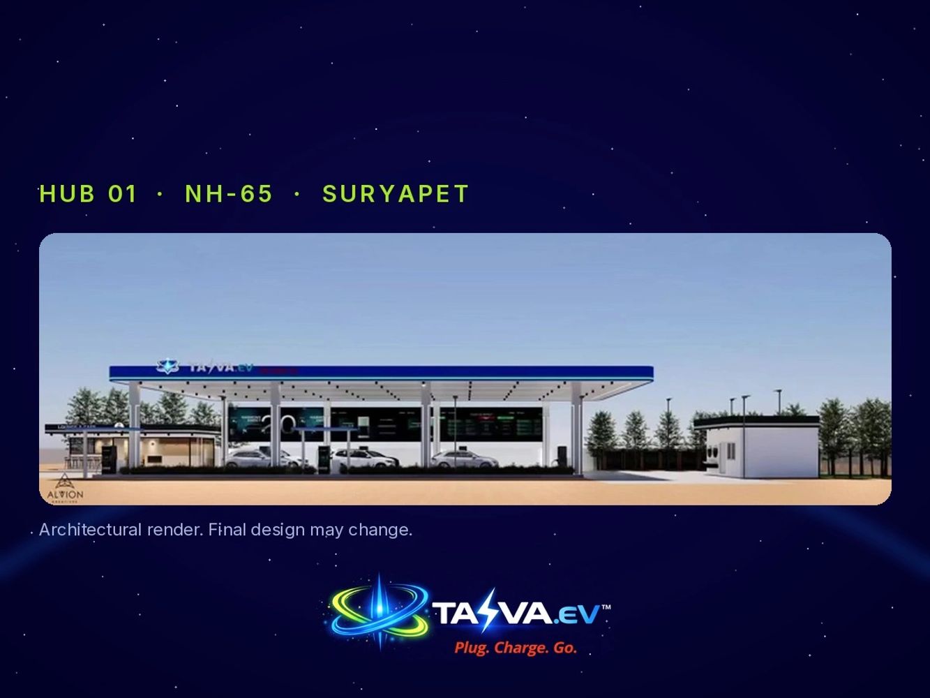 Architectural render of TASVA Hub 01, a DC fast-charging hub on NH-65 in Suryapet, Telangana
