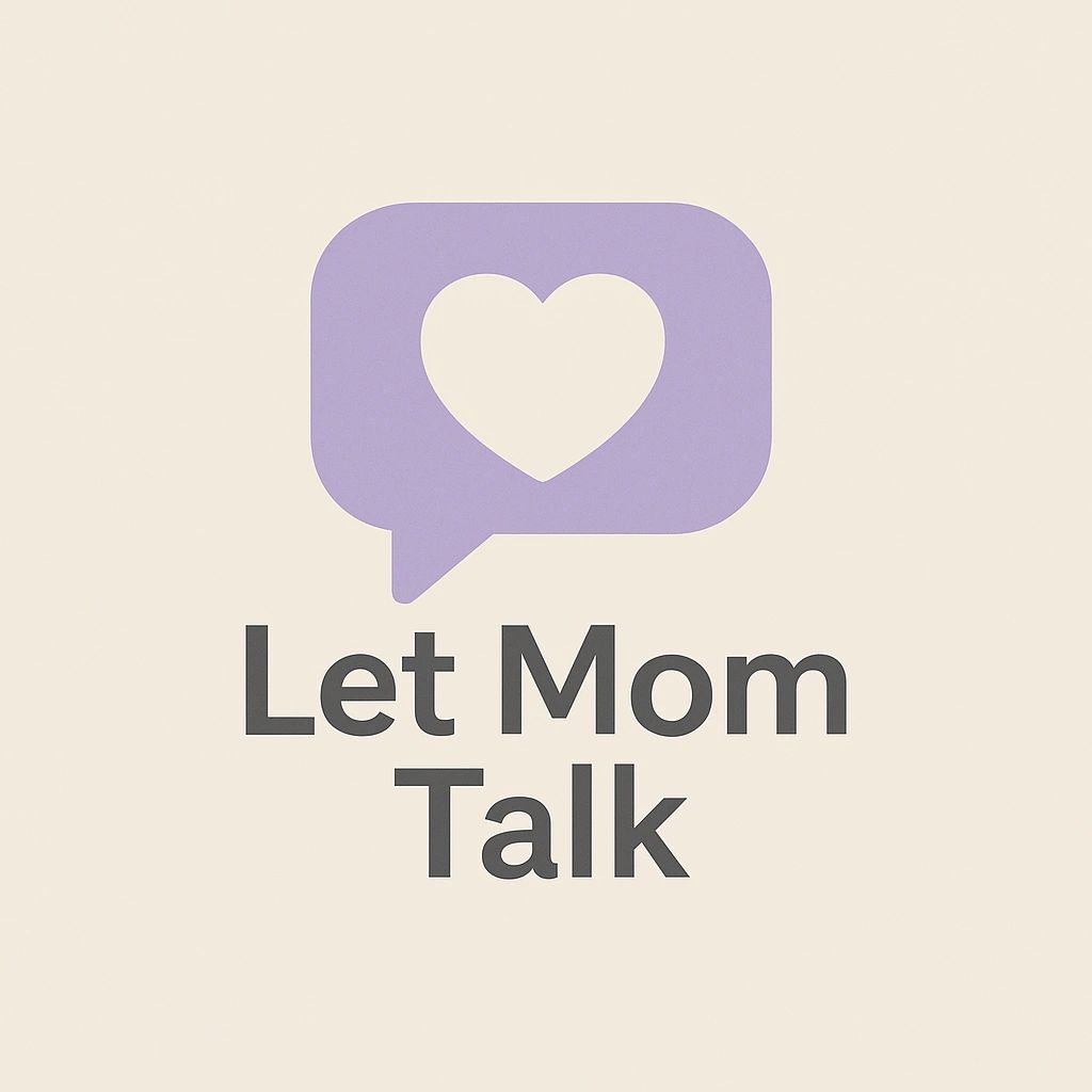 A purple chat bubble with a heart and the text "Let Mom Talk" in bold letters.