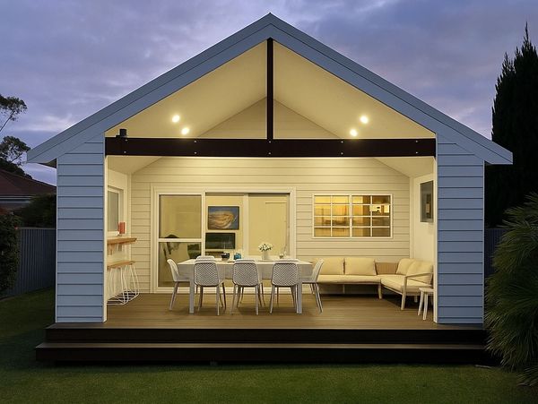 Modern outdoor entertainment deck with dining set and sofa, warmly lit at dusk. Features a high-pitched ceiling and timber.