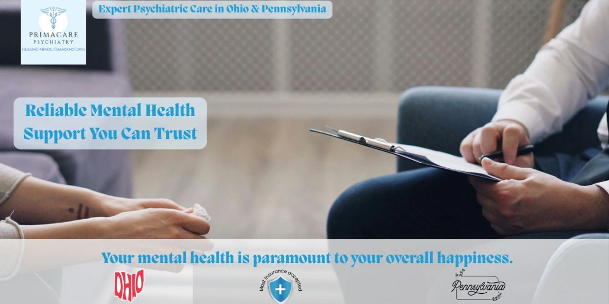 A mental health provider talking with a patient during a therapy or medication management session. p