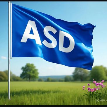 Blue flag with white letters ASD waving in a green field under a clear sky.