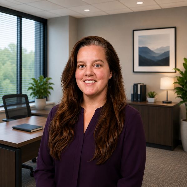 Professional woman smiling in a modern office setting.