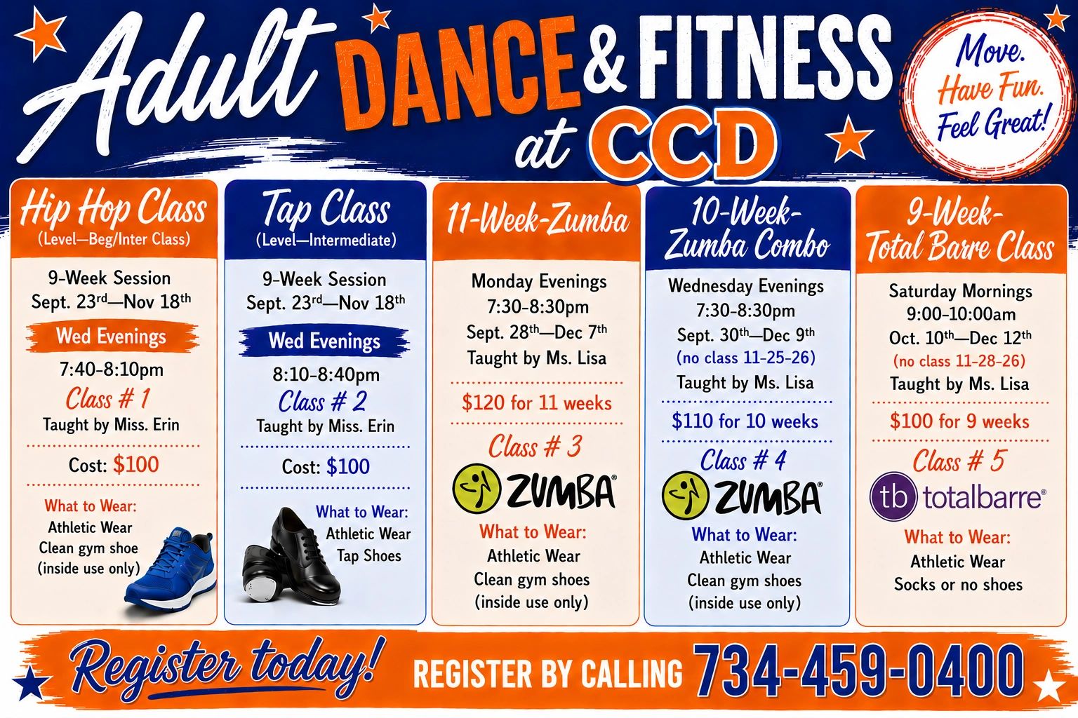 Adult dance and fitness classes at CCD with various session options and instructors.
