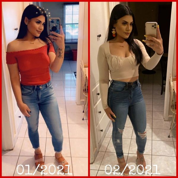 Two selfies of a woman in different outfits and months, January and February 2021.